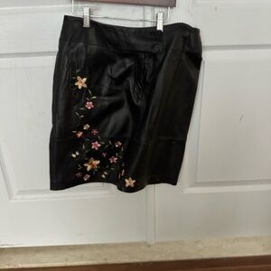 Black leather Floral Embroidered Women's Skirt